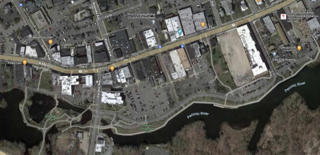 Riverhead's riverfront is mainly used for parking in the downtown. (Credit: Google Maps)